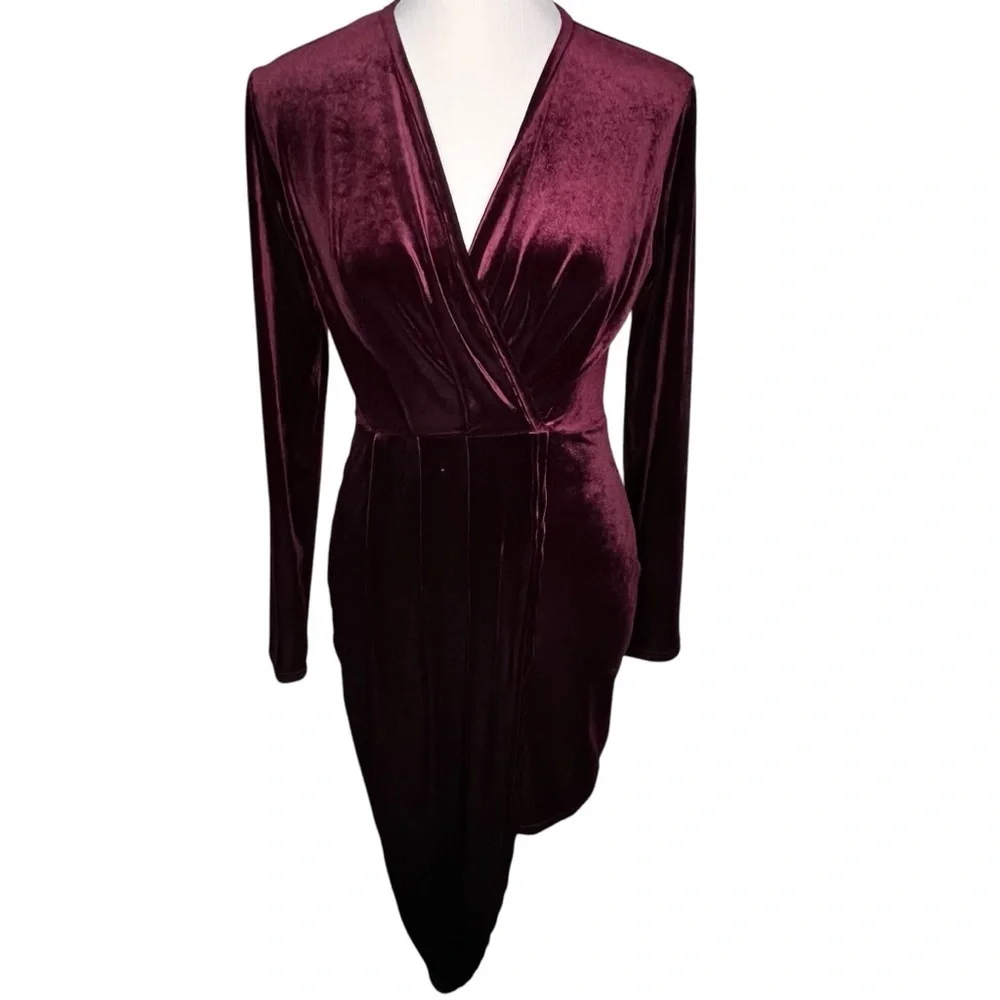 Shinestar Gold Velvet Long Sleeve V Neck Faux Wrap Dress Plum Hi Low Hem Size M
